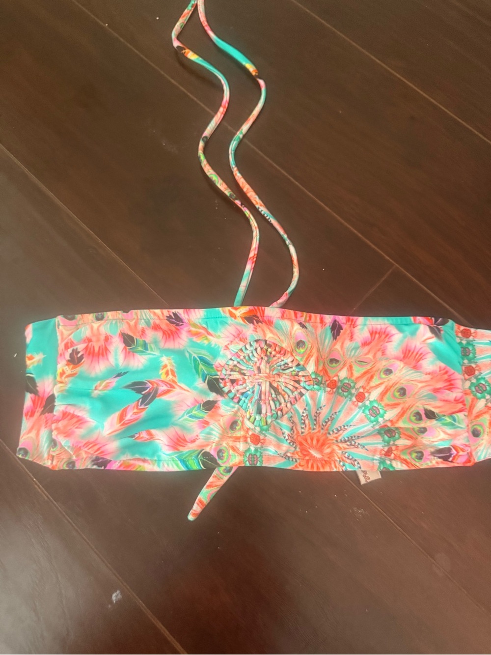 Luli Fama  Bandeau Swim Top - Aqua and Coral Large